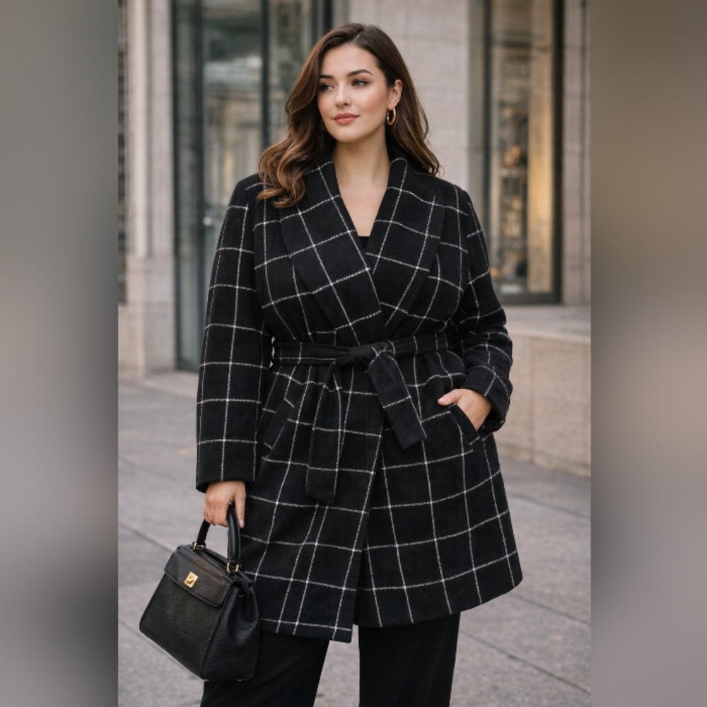 Chicwish Women's Elegant Black Wool Blend Checkered Sz 2XL Trench Coat